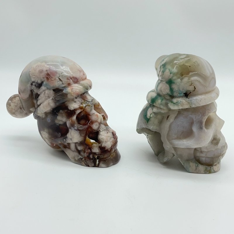 2 Pieces Sakura Flower Geode Druzy Agate Christmas Hat Skull Carving -Wholesale Crystals