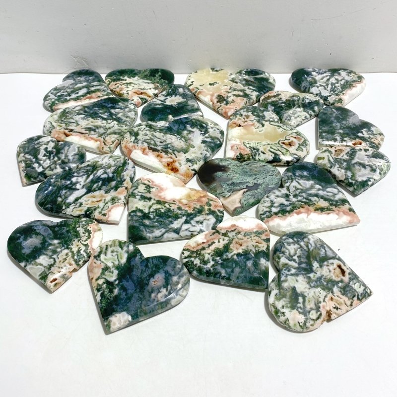20 Pieces Large Geode Green & Pink Moss Agate Heart -Wholesale Crystals