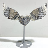 Gray Lace Agate Heart Wing Carving With Stand
