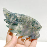 Moss Agate Heart Wing Carving With Stand