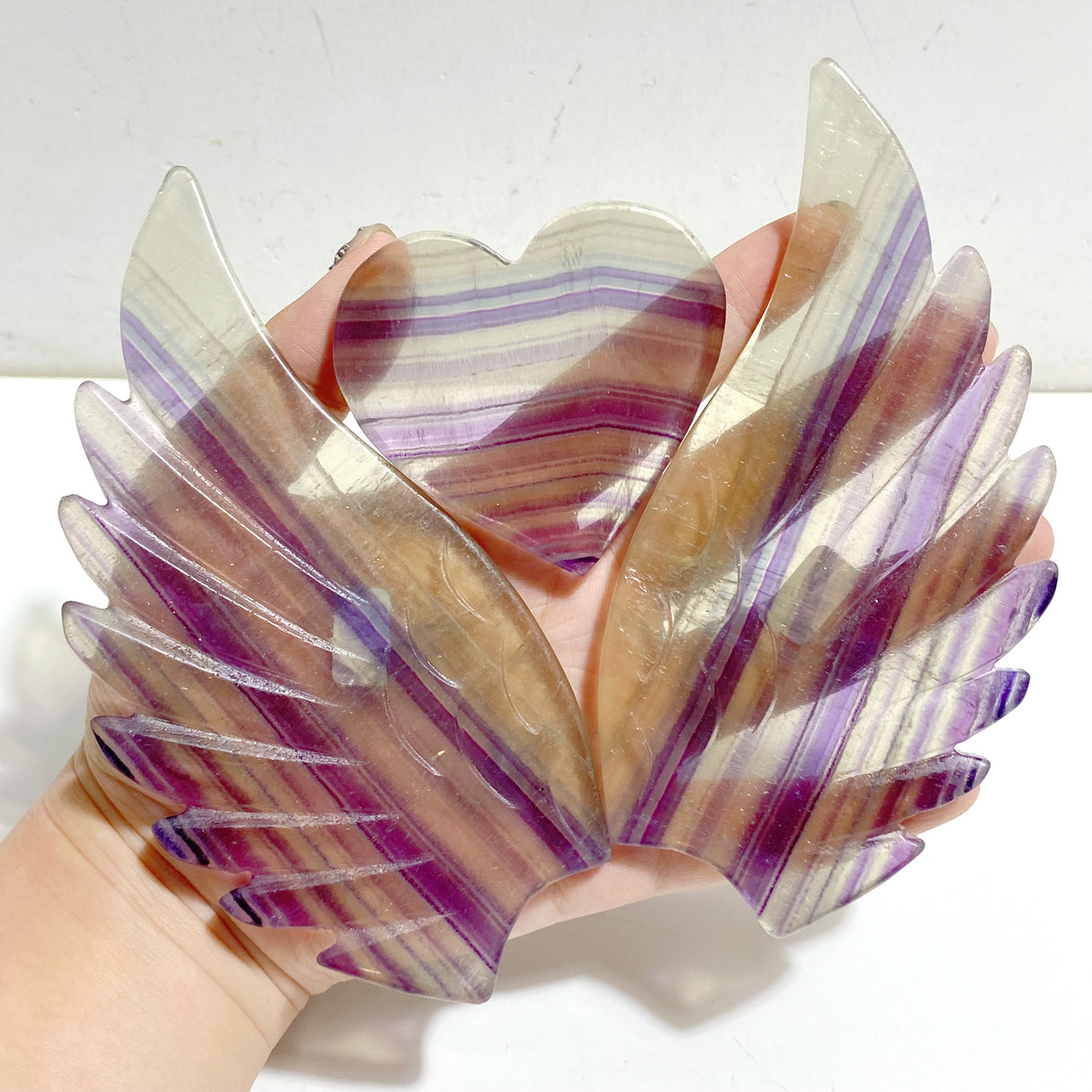 Symmetrical Fluorite Heart Wing Carving With Stand