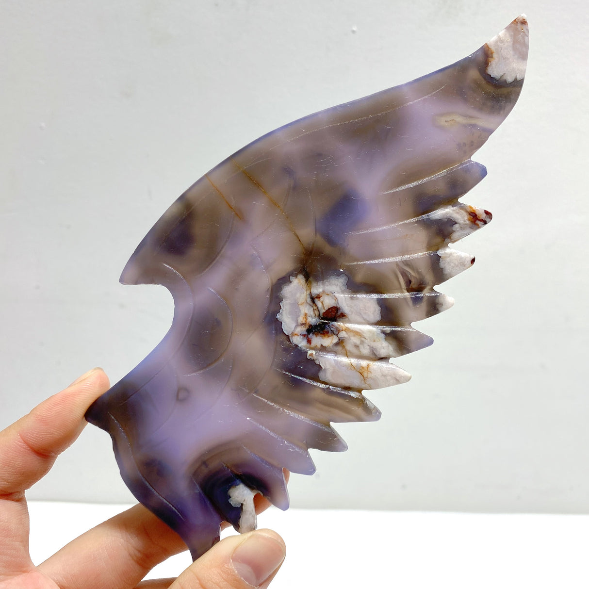 Unique Purple Sakura Flower Agate Demon and Angel Wing Carving With Stand