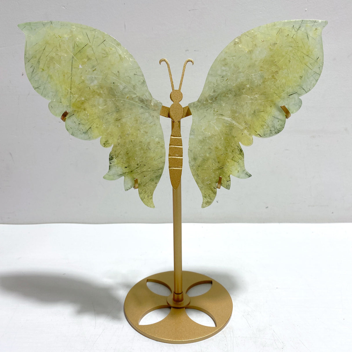 Unique Prehnite Butterfly Wing Carving With Stand
