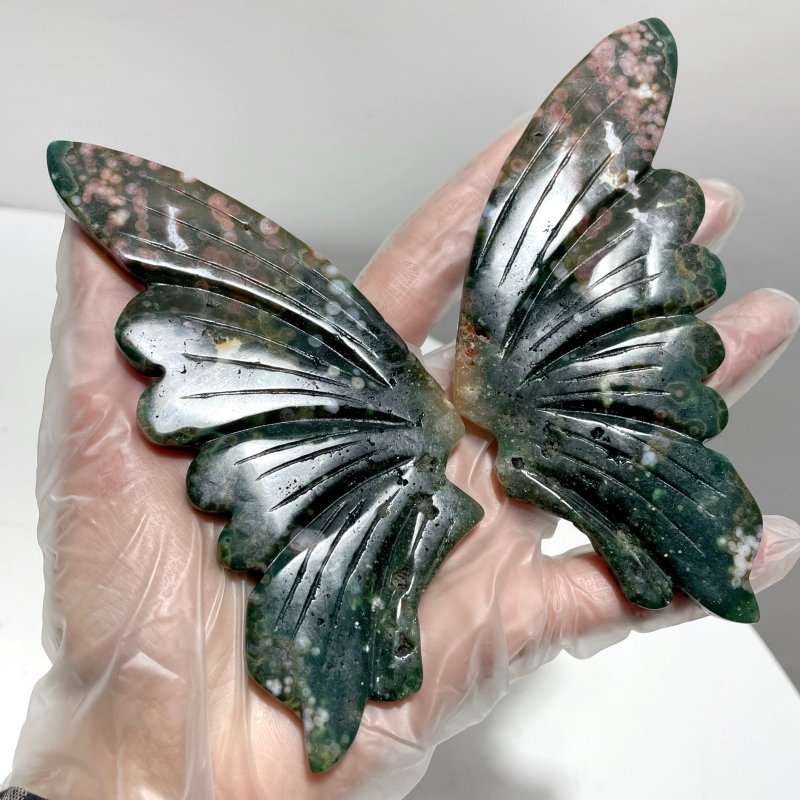 3 Pairs 8th Vein Ocean Jasper Butterfly Wing Carving With Stand #1 - Wholesale Crystals