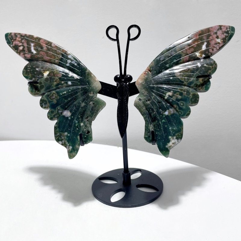 3 Pairs 8th Vein Ocean Jasper Butterfly Wing Carving With Stand #1 - Wholesale Crystals