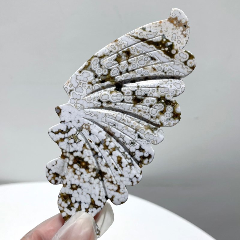 3 Pairs 8th Vein Ocean Jasper Butterfly Wing Carving With Stand #1 - Wholesale Crystals