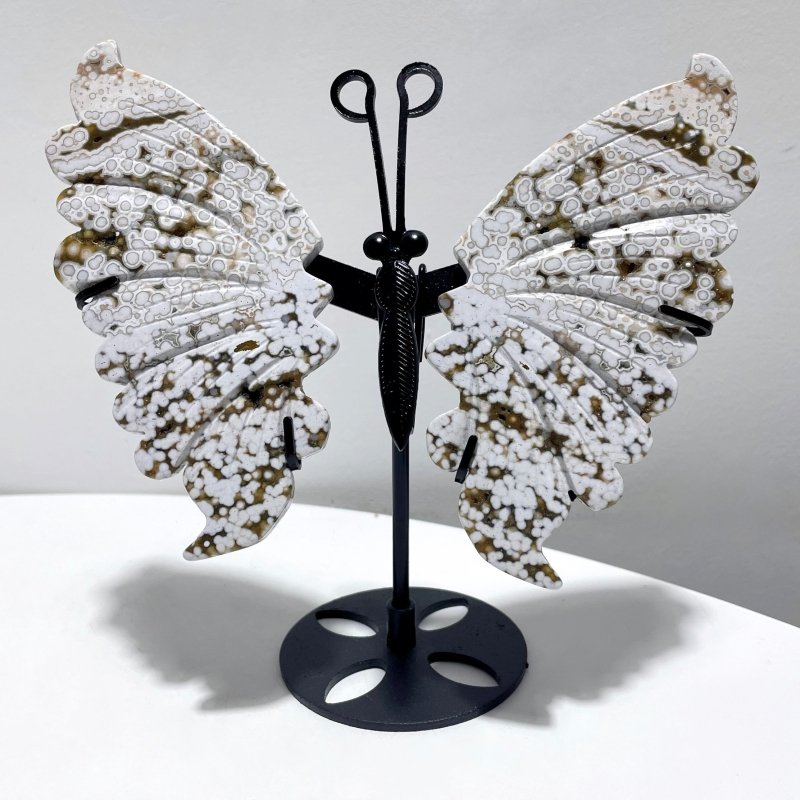 3 Pairs 8th Vein Ocean Jasper Butterfly Wing Carving With Stand #1 - Wholesale Crystals