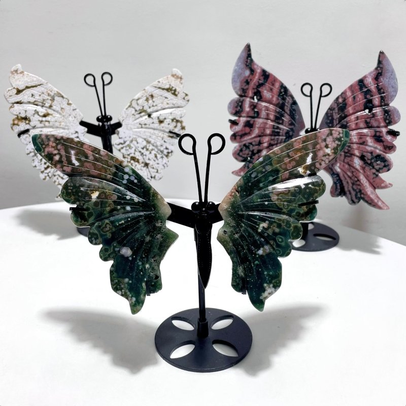 3 Pairs 8th Vein Ocean Jasper Butterfly Wing Carving With Stand #1 - Wholesale Crystals