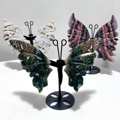 3 Pairs 8th Vein Ocean Jasper Butterfly Wing Carving With Stand #1 - Wholesale Crystals