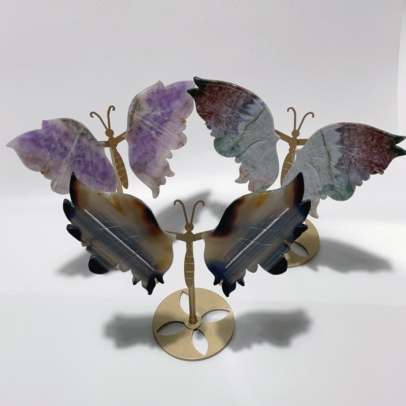 3 Pairs Butterfly Wing Carving With Stand Amethyst Mixed Agate Ocean Jasper -Wholesale Crystals