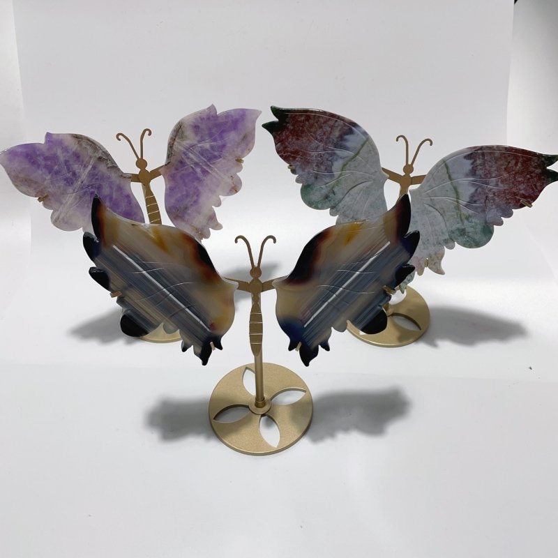 3 Pairs Butterfly Wing Carving With Stand Amethyst Mixed Agate Ocean Jasper -Wholesale Crystals