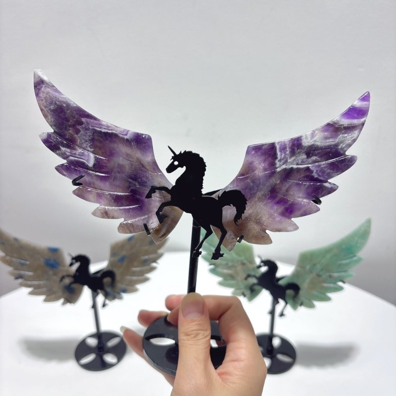 3 Pairs Pegasus Wing Crystal Carving With Stand Chevron Amethyst Trolleite Amazonite - Wholesale Crystals
