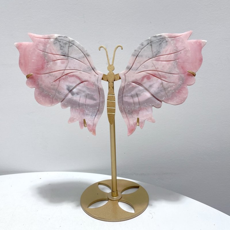 3 Pairs Pink Opal Butterfly Wing Carving With Stand - Wholesale Crystals