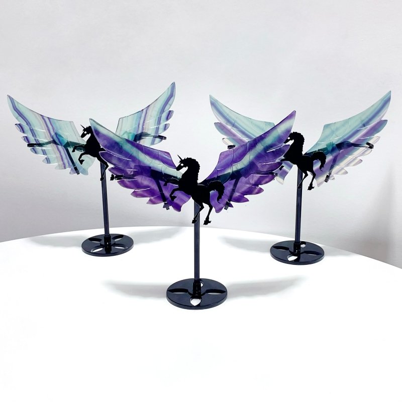 3 Pairs Rainbow Fluorite Pegasus Wing Crystal Carving With Stand - Wholesale Crystals