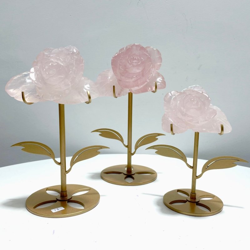 3 Pairs Rose Quartz Small Flower Carving With Stand - Wholesale Crystals