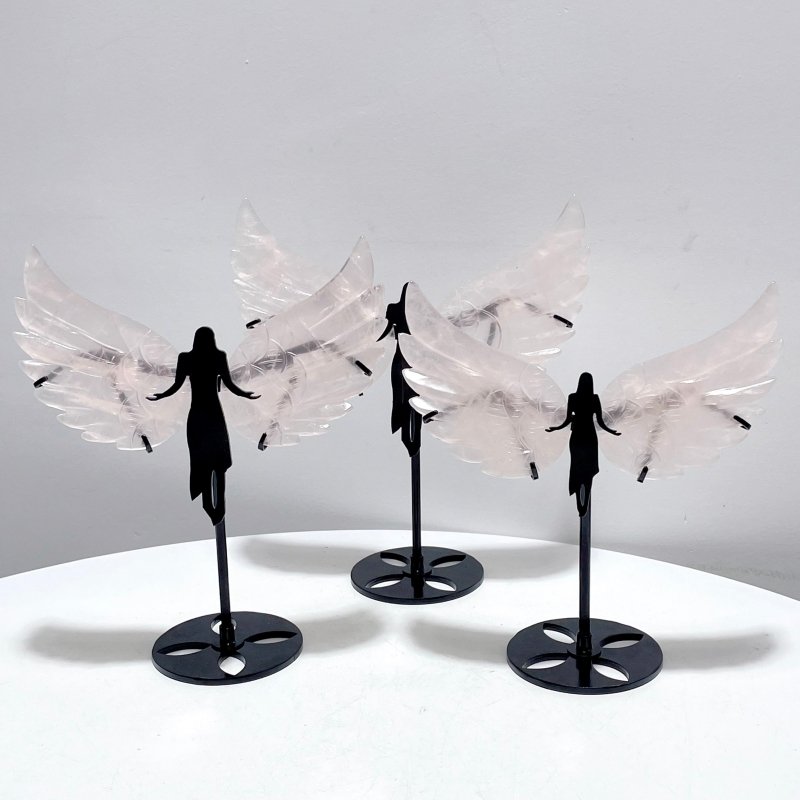 3 Pairs Unique Rose Quartz Angel Wing Carving With Stand - Wholesale Crystals