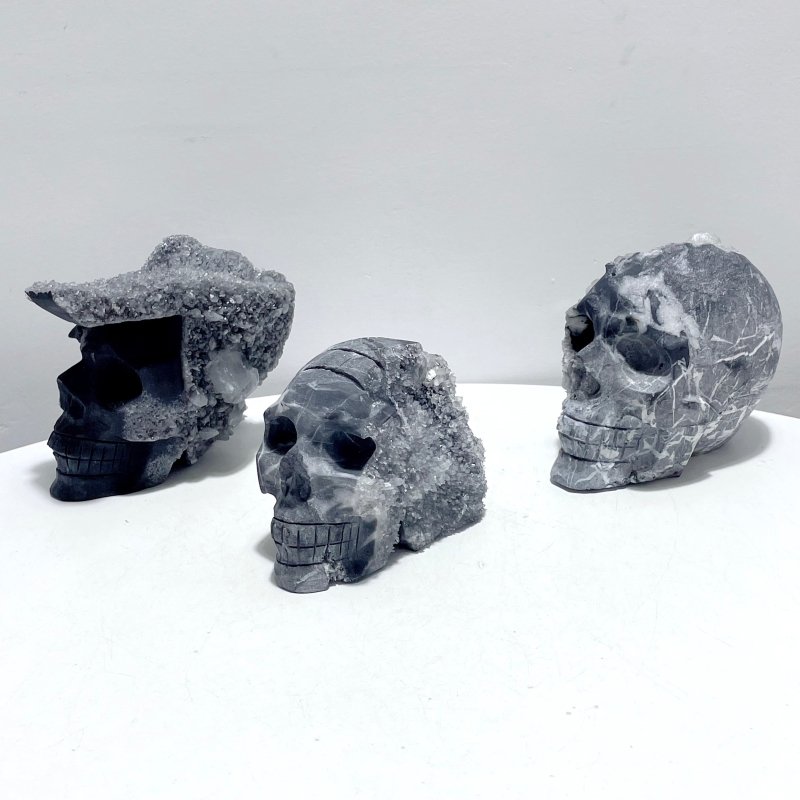 3 Pieces Black Clear Quartz Cluster Skull Carving - Wholesale Crystals