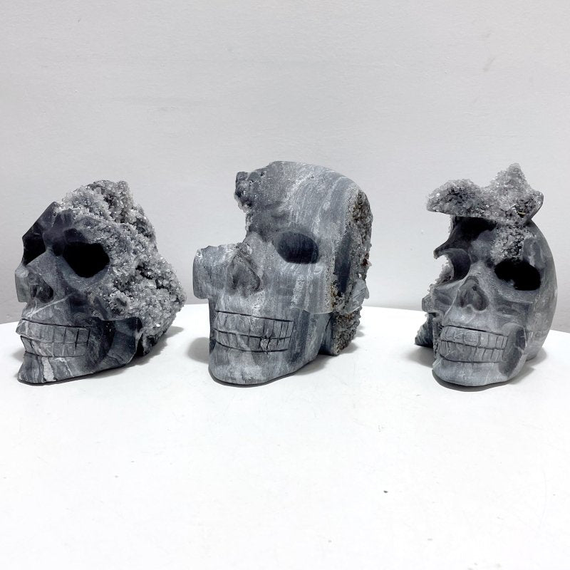 3 Pieces Black Clear Quartz Cluster Symbiosis Mixed Pyrite Skull Carving - Wholesale Crystals