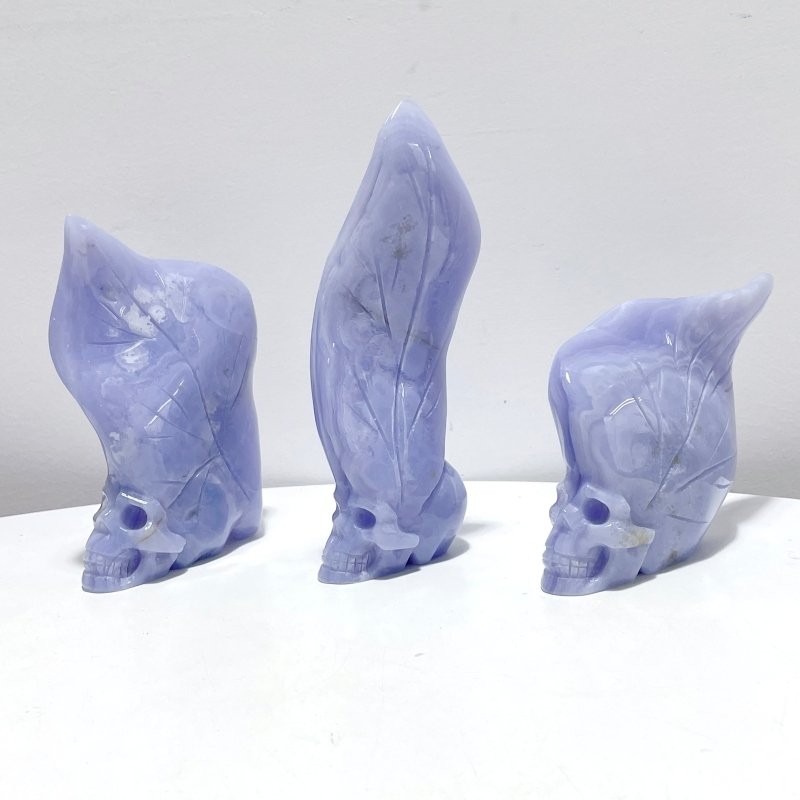 3 Pieces Blue Lace Agate Skull Carving - Wholesale Crystals