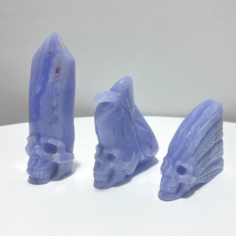 3 Pieces High Quality Blue Lace Agate Skull Carving - Wholesale Crystals