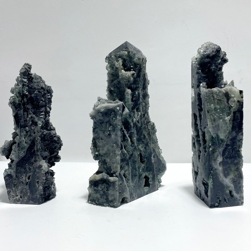 3 Pieces Large Cutting Fluorite Mineral Geode Cubes Specimen Tower - Wholesale Crystals