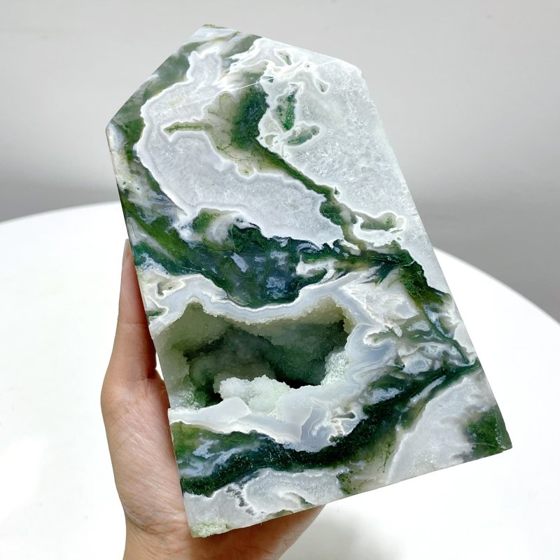 3 Pieces Large Druzy Moss Agate Geode Four - Sided Tower - Wholesale Crystals