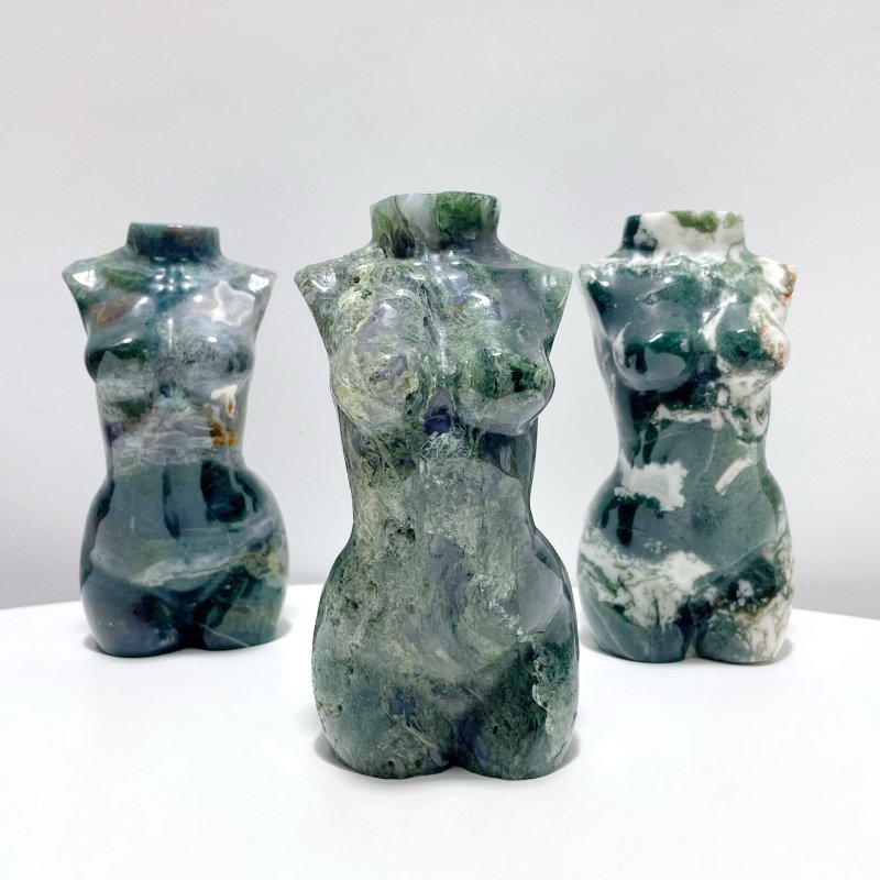 3 Pieces Large Moss Agate Goddess Carving - Wholesale Crystals