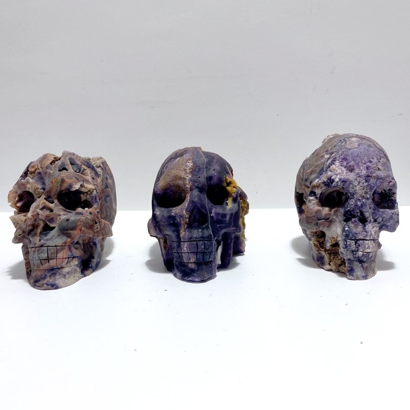 3 Pieces Large Purple Fluorite Skull Carving - Wholesale Crystals