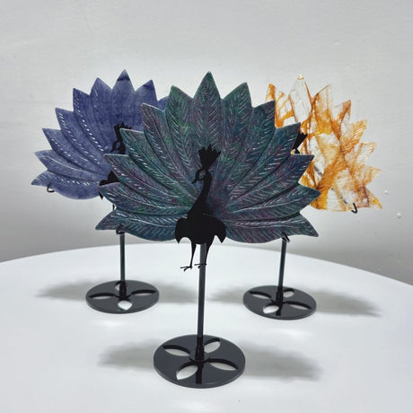 3 Pieces Peacock Crystal Carving With Stand Blue Aventurine Ruby In Kyanite - Wholesale Crystals