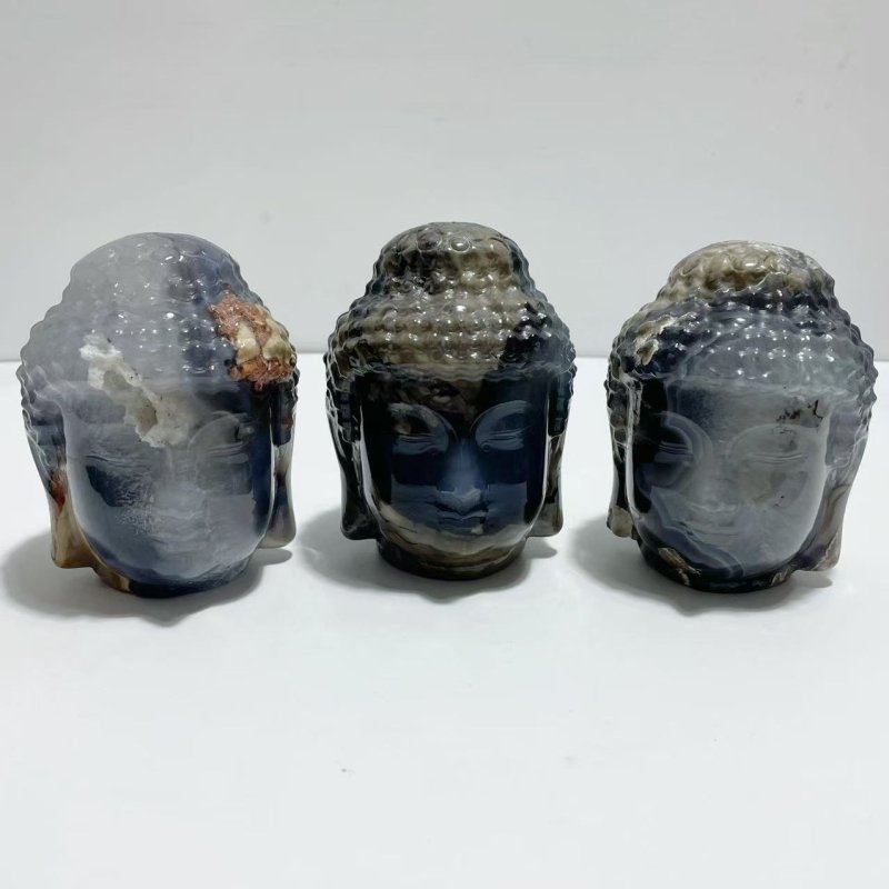 3 Pieces Volcano Agate Buddha Head Carving(UV - Reactive) - Wholesale Crystals