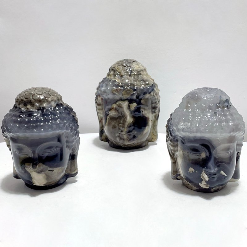 3 Pieces Volcano Agate Buddha Head Carving(UV - Reactive) - Wholesale Crystals