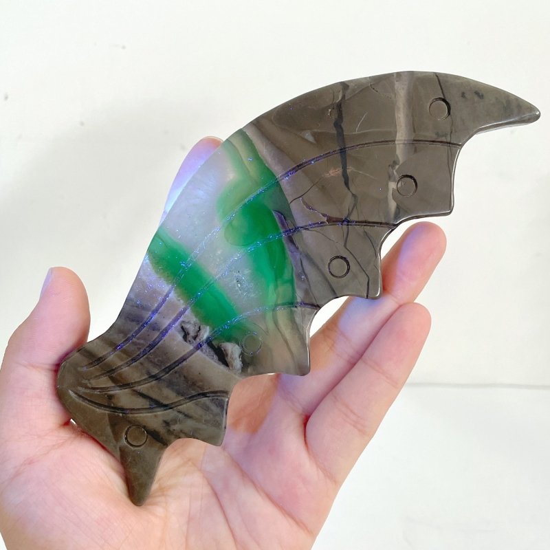 3 Pieces Volcano Agate Flying Dragon Carving With Stand (UV Reactive)(Crack) - Wholesale Crystals