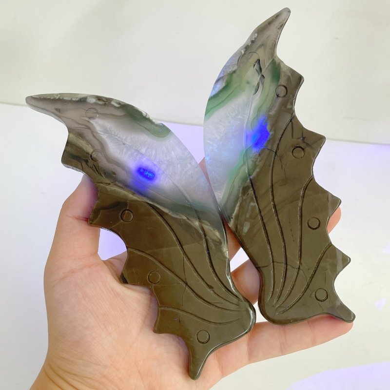 3 Pieces Volcano Agate Flying Dragon Carving With Stand (UV Reactive)(Crack) - Wholesale Crystals