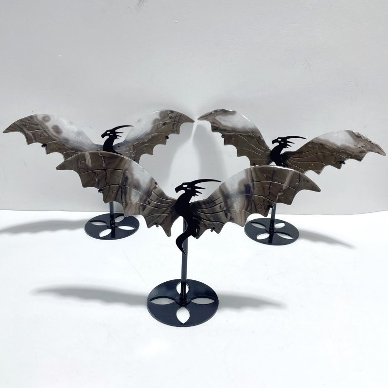 3 Pieces Volcano Agate Flying Dragon Carving With Stand (UV Reactive)(Crack) - Wholesale Crystals