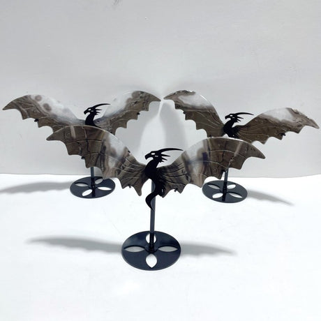 3 Pieces Volcano Agate Flying Dragon Carving With Stand (UV Reactive)(Crack) - Wholesale Crystals