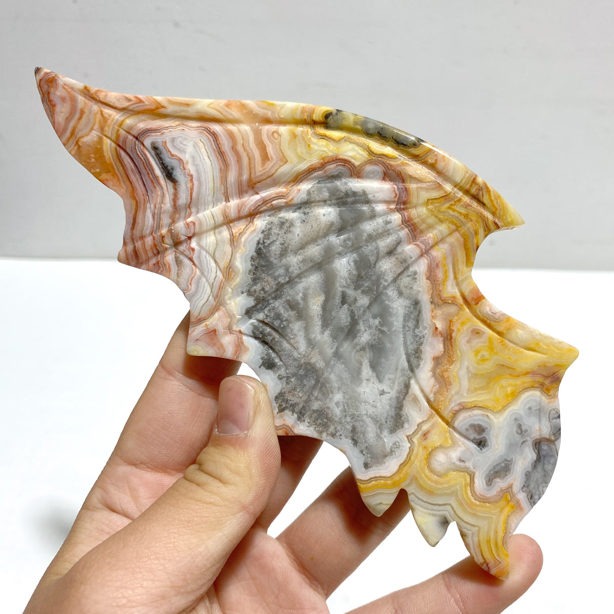 Unique Crazy Agate Demon And Angel Wing Carving With Stand