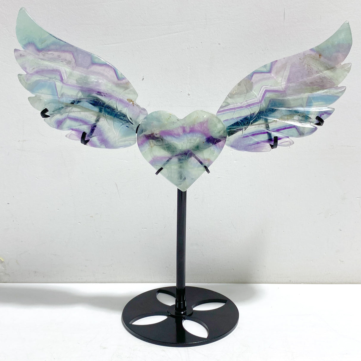 Unique Fluorite Heart Wing Carving With Stand