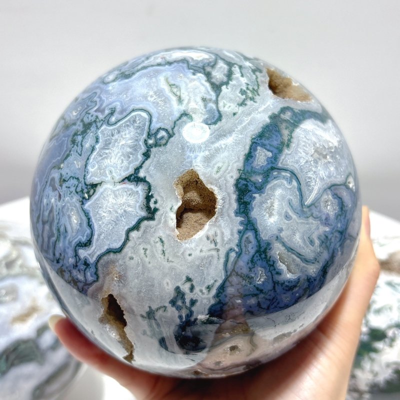 3Pieces Large Geode Moss Agate Large Sphere - Wholesale Crystals