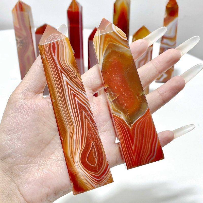 4 - 6in Red Carnelian Stripe Tower Point Crystal Wholesale - Wholesale Crystals