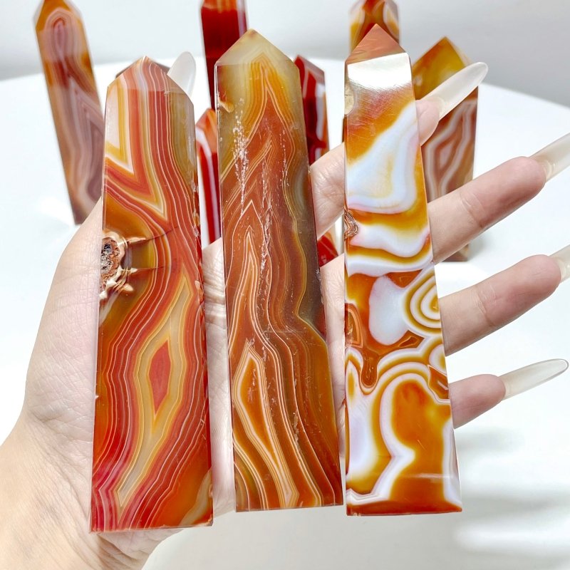 4 - 6in Red Carnelian Stripe Tower Point Crystal Wholesale - Wholesale Crystals