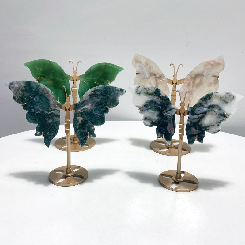 4 Pairs Butterfly Wing Carving With Stand Green Aventurine Sakura Flower Agate Moss Agate - Wholesale Crystals