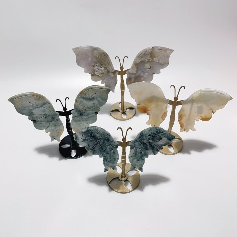 4 Pairs Butterfly Wing Carving With Stand Ocean Jasper Sakura Flower Agate Moss Agate -Wholesale Crystals