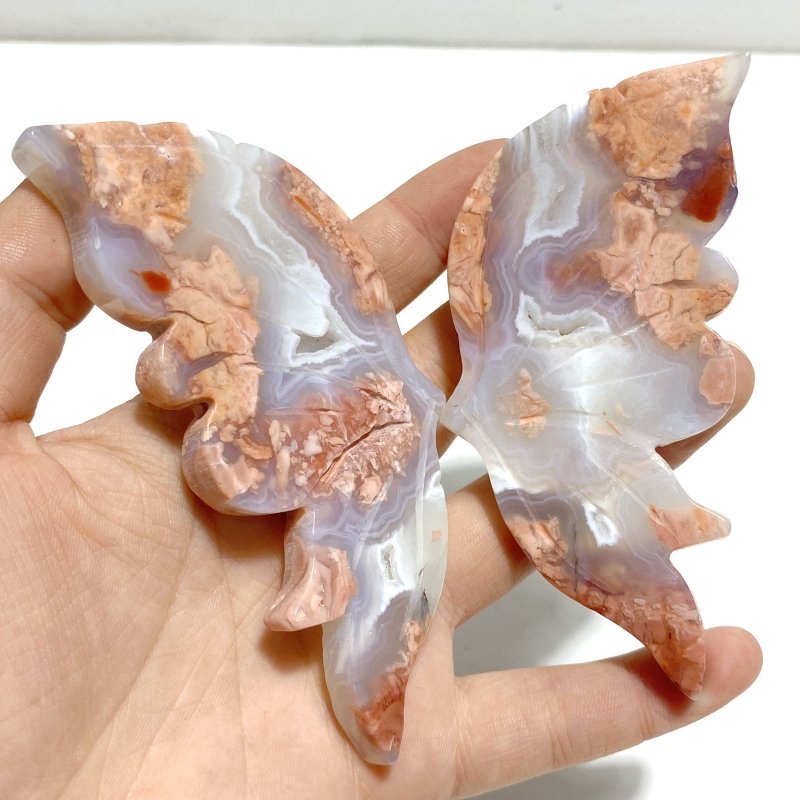 4 Pairs Pink Agate Butterfly Wing Carving With Stand - Wholesale Crystals