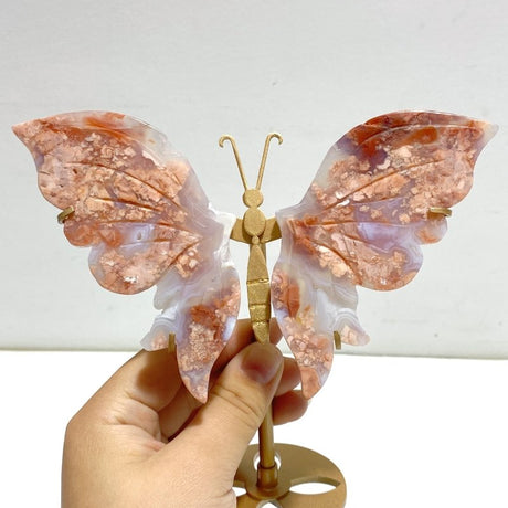 4 Pairs Pink Agate Butterfly Wing Carving With Stand - Wholesale Crystals