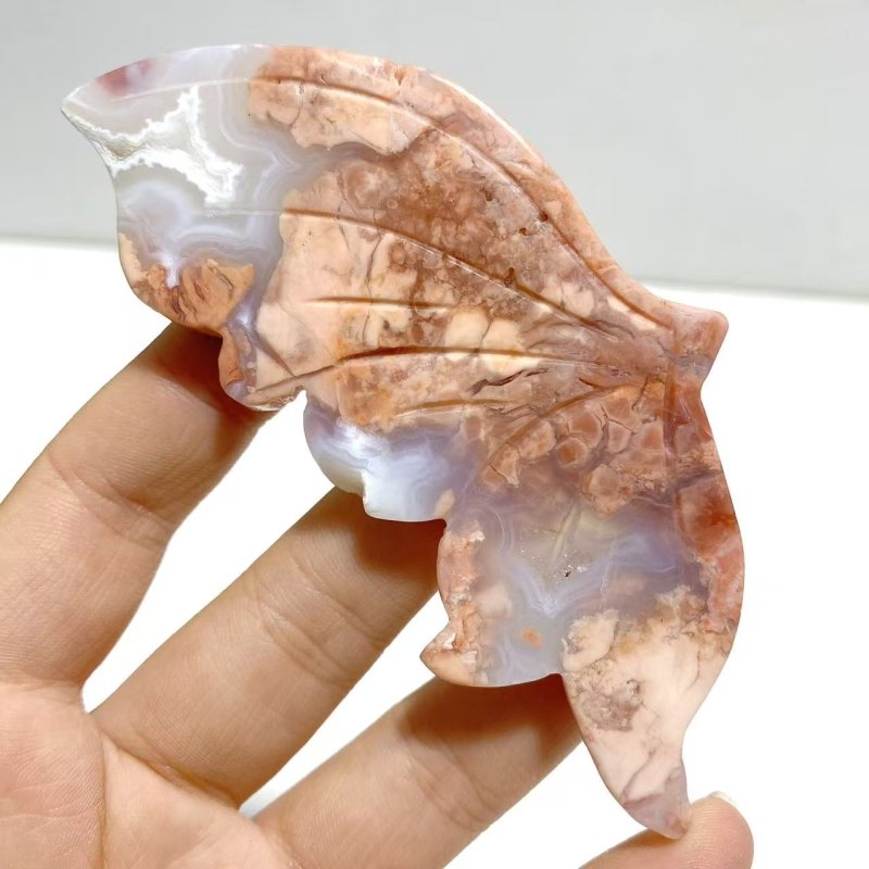 4 Pairs Pink Agate Butterfly Wing Carving With Stand - Wholesale Crystals