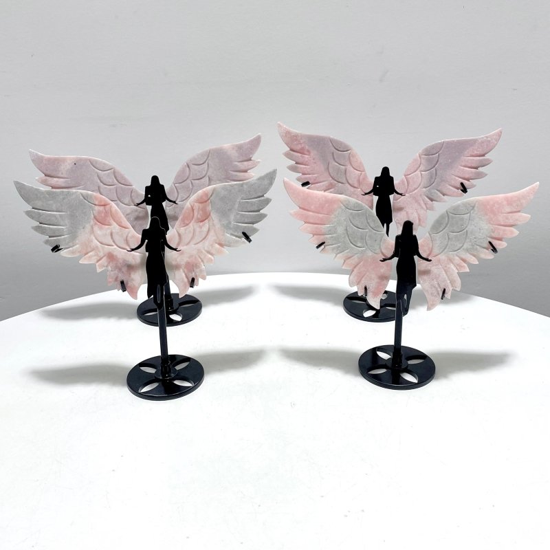 4 Pairs Pink Opal Angel Wing Carving With Stand - Wholesale Crystals