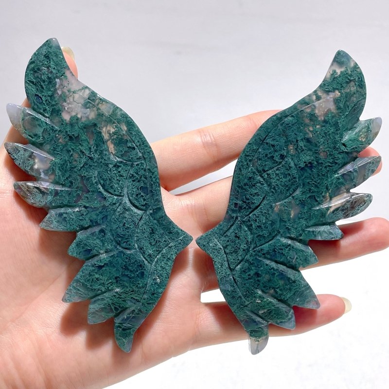 4 Pairs Unique Small Moss Agate Angel Wing Carving With Stand - Wholesale Crystals