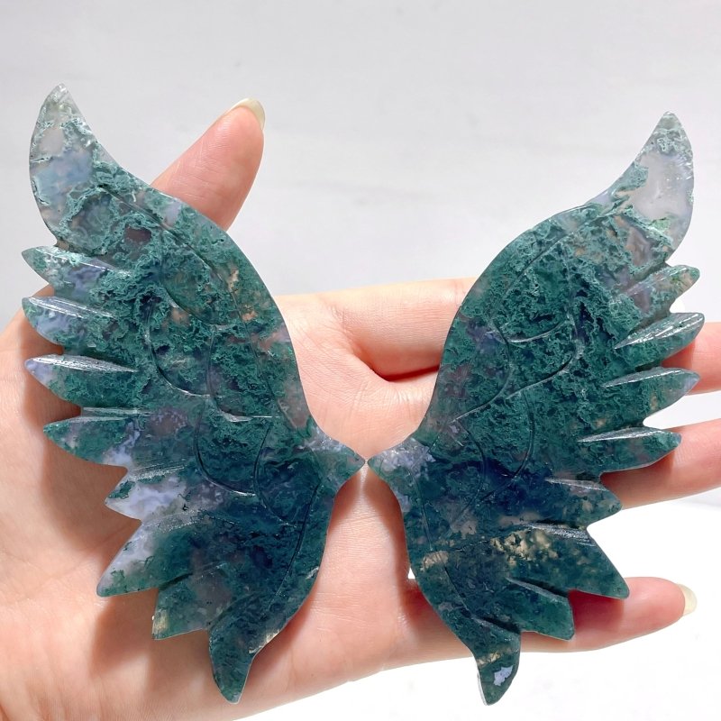 4 Pairs Unique Small Moss Agate Angel Wing Carving With Stand - Wholesale Crystals