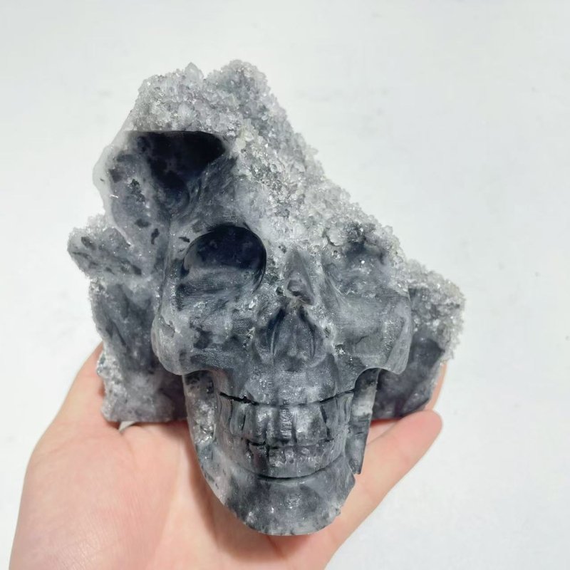 4 Pieces Black Clear Quartz Cluster Skull Carving - Wholesale Crystals