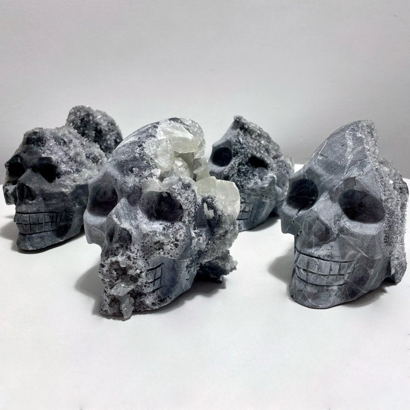 4 Pieces Large Black Clear Quartz Cluster Skull Carving - Wholesale Crystals